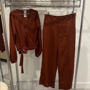 Holiday cocktail party set- terracotta red Wide Leg Pants with wrap top